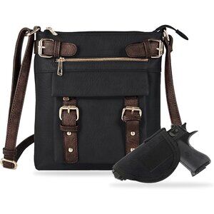 Two-Tone Black Faux Leather Concealed Carry Crossbody Bag with Lock & Key